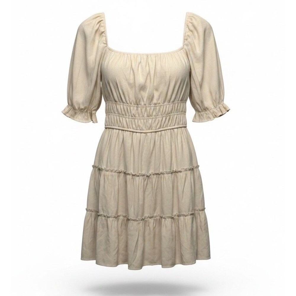 Altar’d State Beige Puff Sleeve Ruffle Layered Midi Dress‎ Square Neck Size M